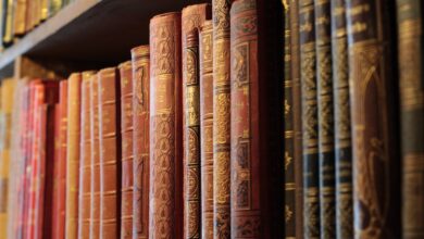 Old books on wooden shelves