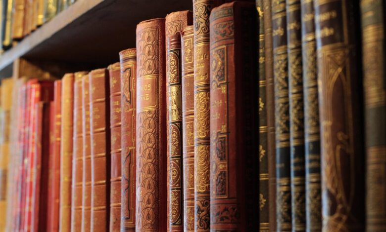 Old books on wooden shelves