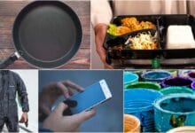 Collage of nonstick pan, mobile phone, food packing container & protective gear