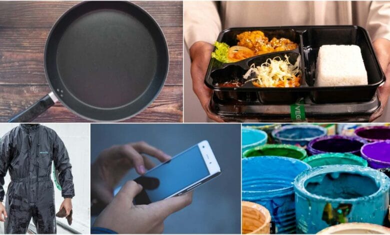 Collage of nonstick pan, mobile phone, food packing container & protective gear